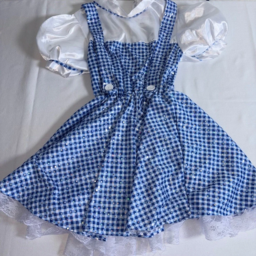 Rubies gingham wizard of oz Pinafore Dress Kids Blue Sequin Lace Trim Costume m